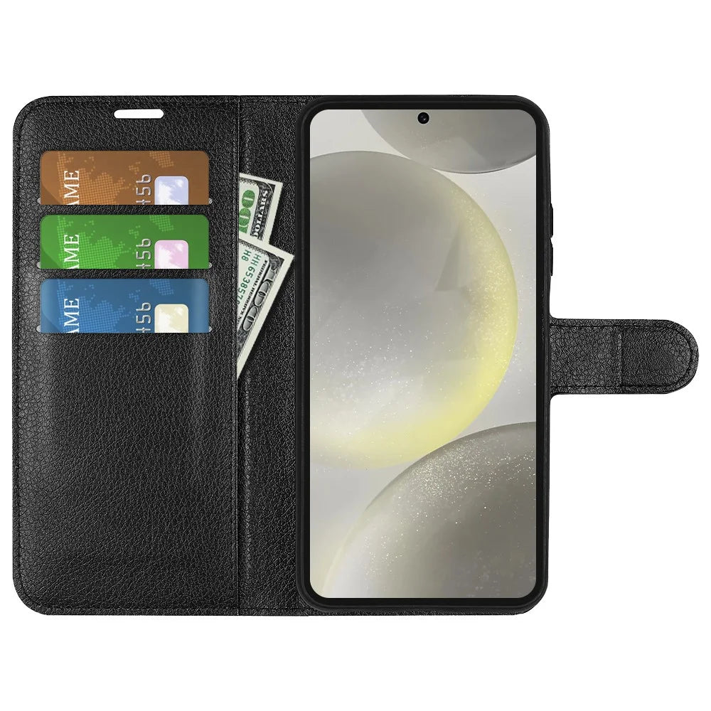 For Samsung Galaxy S24 FE Wallet Phone Case Litchi Texture Anti-Drop Leather Folio Flip Cover - Black - 2