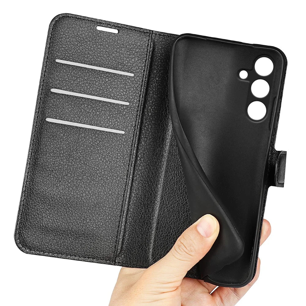 For Samsung Galaxy S24 FE Wallet Phone Case Litchi Texture Anti-Drop Leather Folio Flip Cover - Black - 4