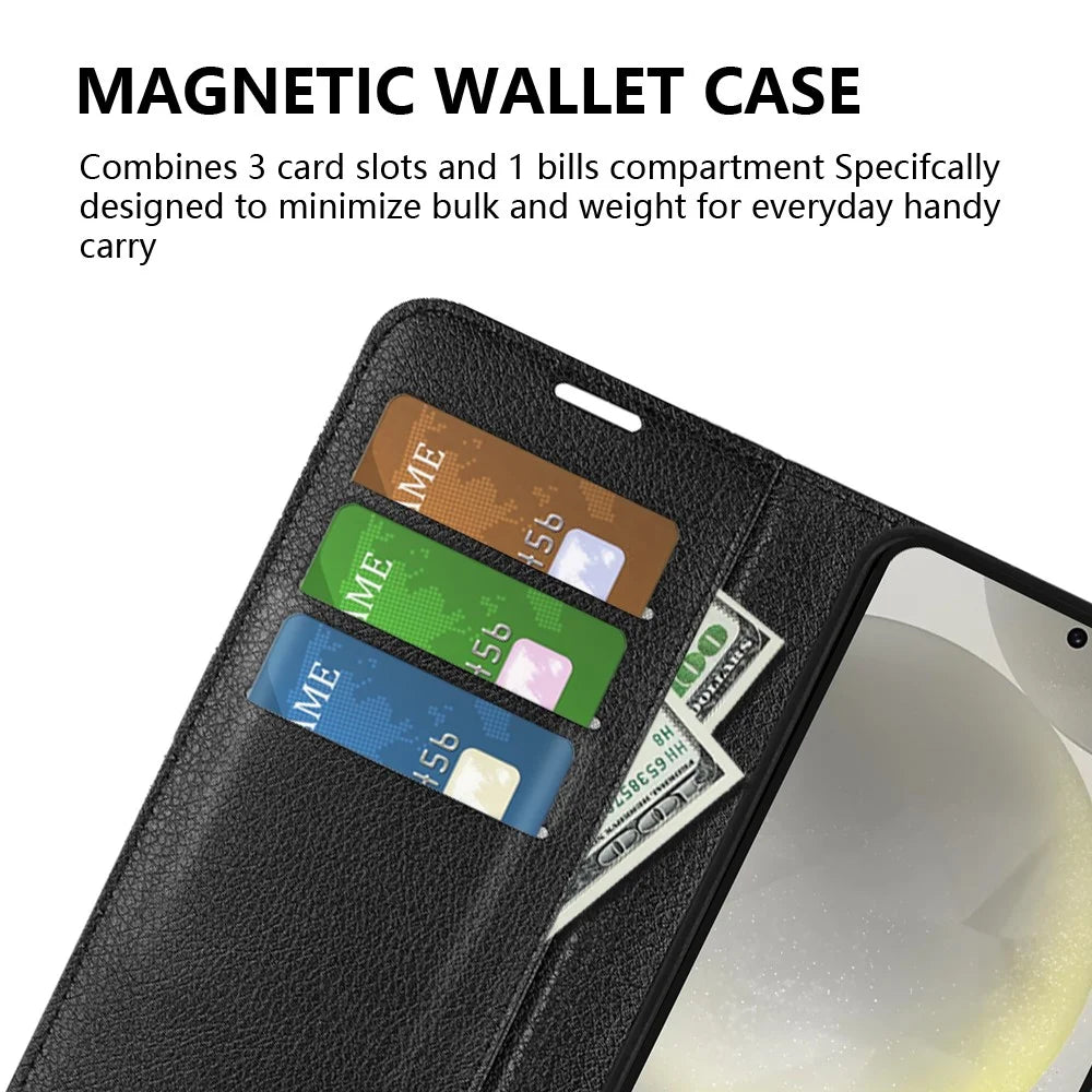 For Samsung Galaxy S24 FE Wallet Phone Case Litchi Texture Anti-Drop Leather Folio Flip Cover - Black - 6