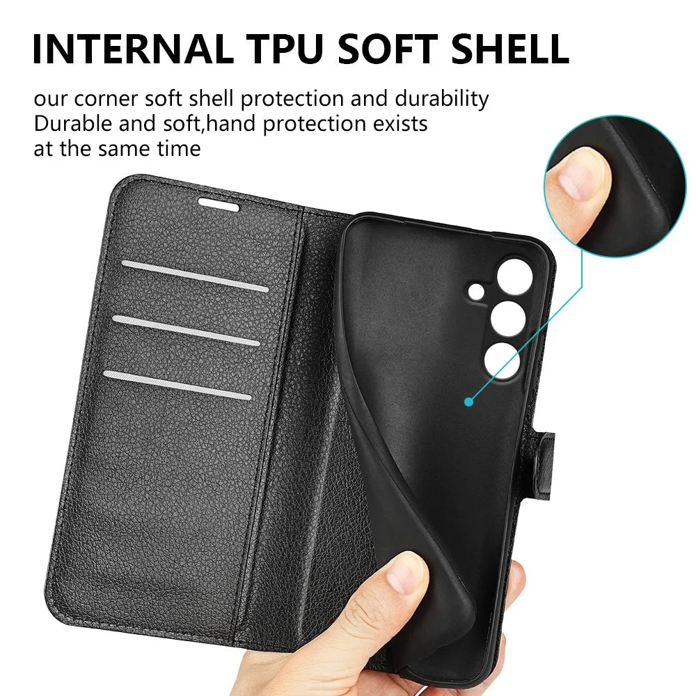 For Samsung Galaxy S24 FE Wallet Phone Case Litchi Texture Anti-Drop Leather Folio Flip Cover - Black - 7