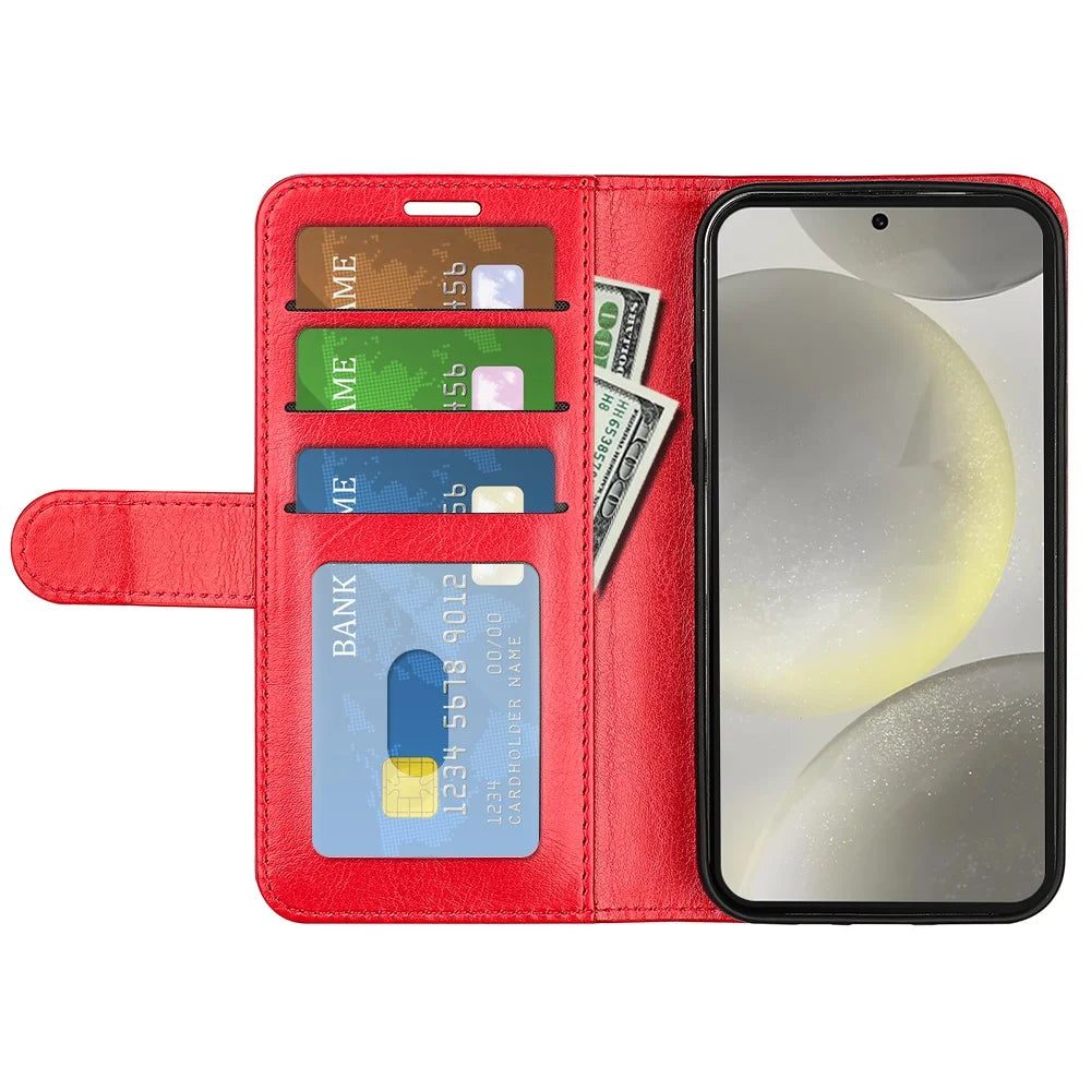 For Samsung Galaxy S24 FE Case Crazy Horse Texture Leather Stand Phone Cover with Wallet - Red - 2