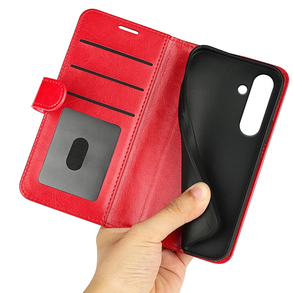 For Samsung Galaxy S24 FE Case Crazy Horse Texture Leather Stand Phone Cover with Wallet - Red - 4