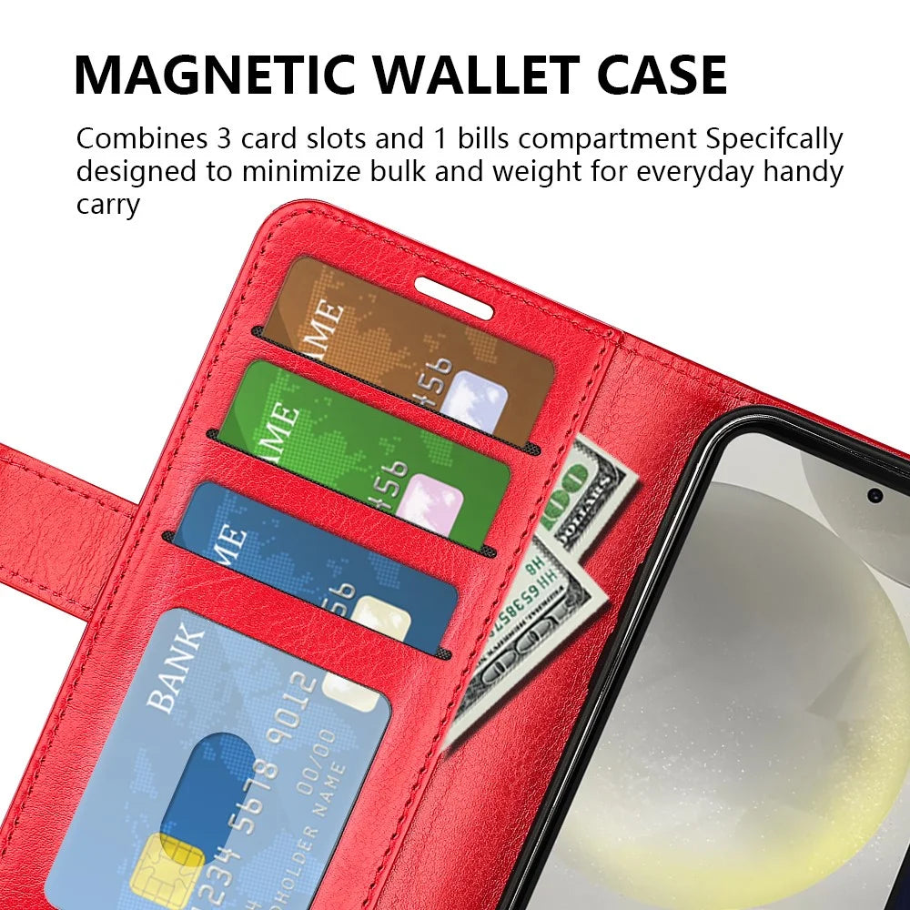 For Samsung Galaxy S24 FE Case Crazy Horse Texture Leather Stand Phone Cover with Wallet - Red - 5