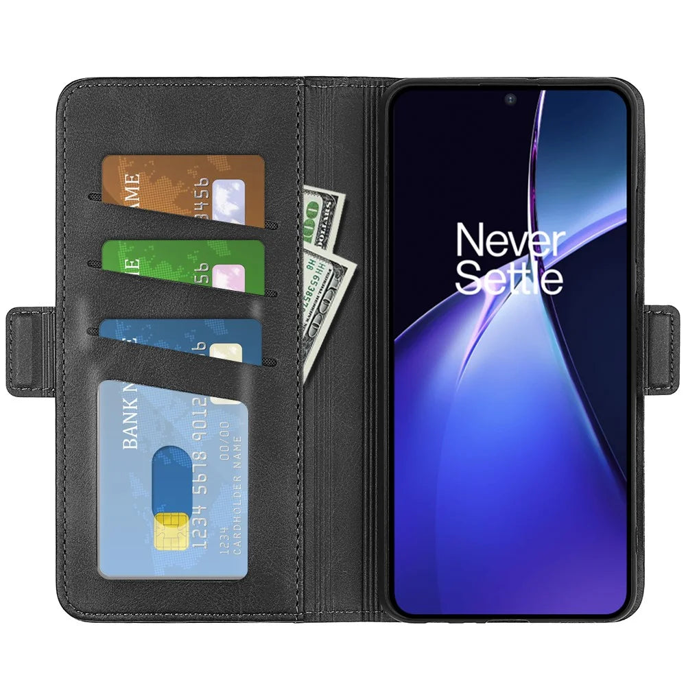 For OnePlus Nord CE4 Lite 5G / Oppo K12x 5G (China) Phone Case Calf Texture Leather Stand Wallet Cover - Black - 2