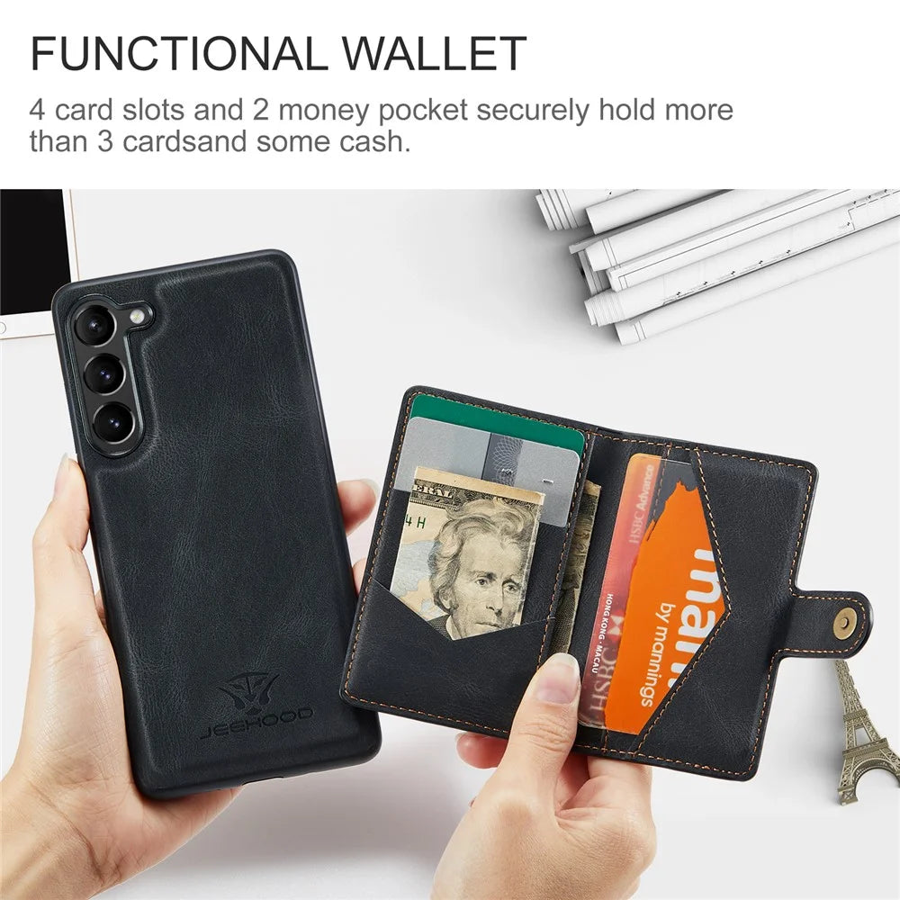 JEEHOOD J01 For Samsung Galaxy S23+ Case Leather Phone Back Cover Magnetic 2 in 1 Detachable - Black - 7
