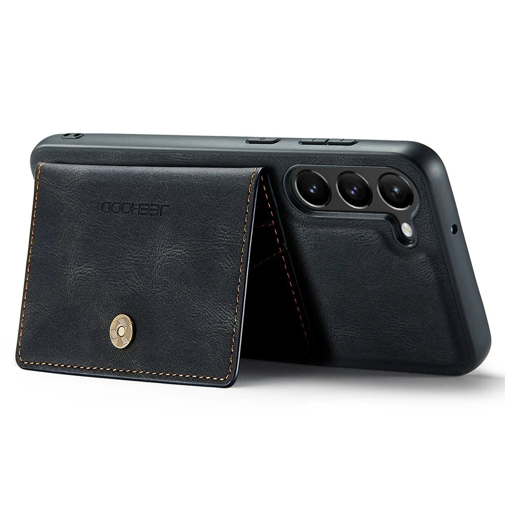 JEEHOOD J01 For Samsung Galaxy S23 Case Leather Back Cover with Detachable Card Holder Pocket - Black - 4