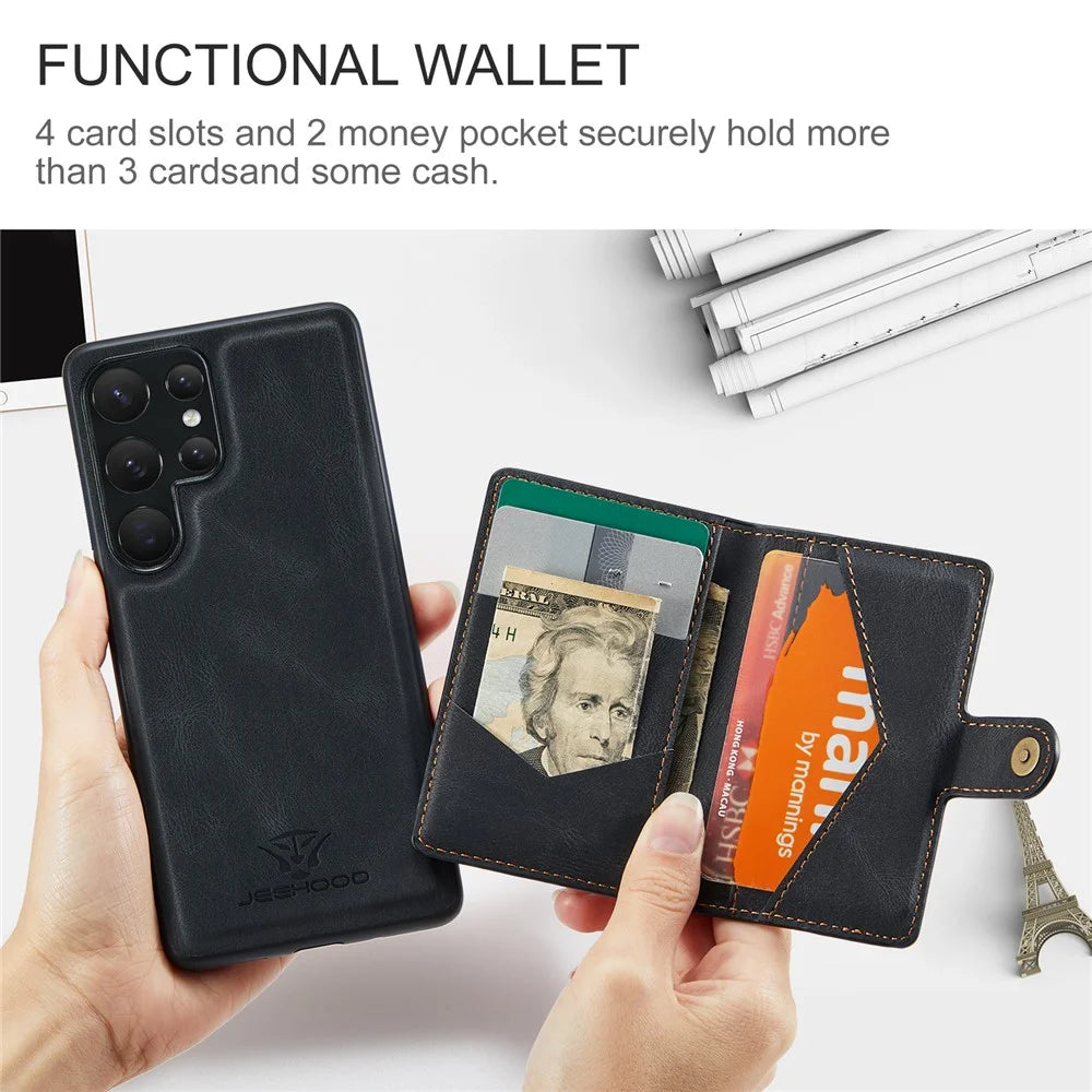 JEEHOOD J01 For Samsung Galaxy S23 Ultra Case Card Bag Leather + TPU Phone Cover Magnetic Case - Black - 7