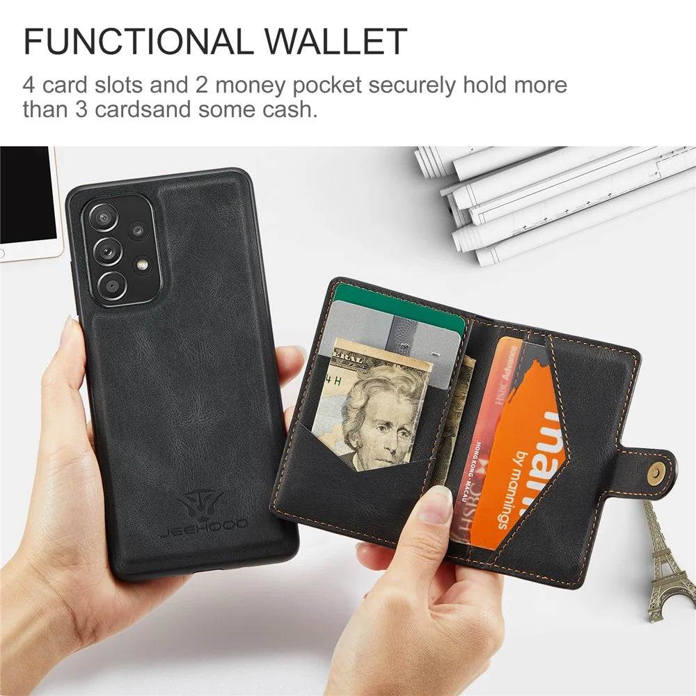 JEEHOOD J01 For Samsung Galaxy A53 5G Case Leather Phone Back Cover Magnetic Detachable Card Bag - Black - 7