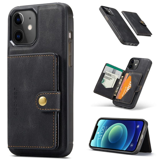 JEEHOOD J01 For iPhone 12 / 12 Pro Case Leather Phone Back Cover Magnetic Detachable Card Bag - Black - 1