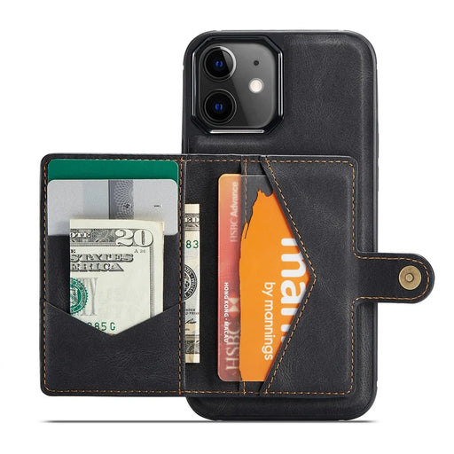 JEEHOOD J01 For iPhone 12 / 12 Pro Case Leather Phone Back Cover Magnetic Detachable Card Bag - Black - 2