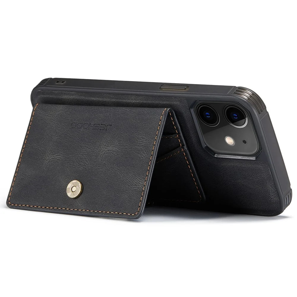 JEEHOOD J01 For iPhone 12 / 12 Pro Case Leather Phone Back Cover Magnetic Detachable Card Bag - Black - 3
