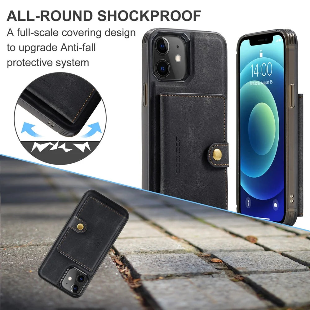 JEEHOOD J01 For iPhone 12 / 12 Pro Case Leather Phone Back Cover Magnetic Detachable Card Bag - Black - 6