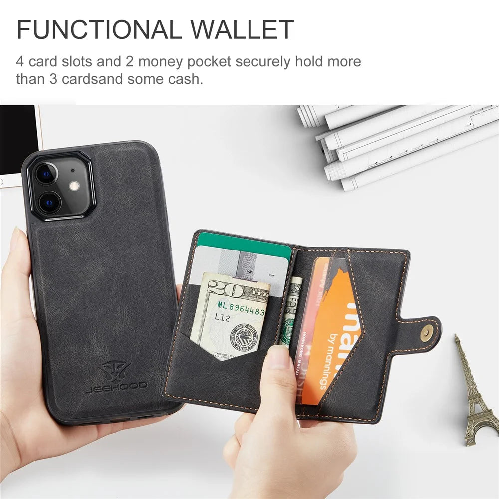 JEEHOOD J01 For iPhone 12 / 12 Pro Case Leather Phone Back Cover Magnetic Detachable Card Bag - Black - 7