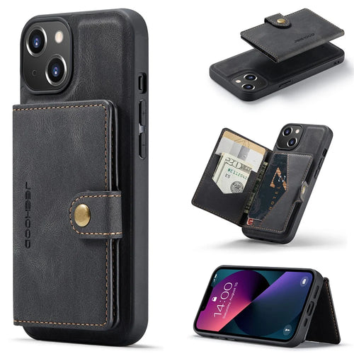JEEHOOD J01 For iPhone 13 Case Detachable Card Holder Leather Back Cover Compatible with MagSafe - Black - 1