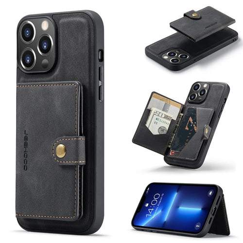 JEEHOOD J01 For iPhone 13 Pro Case Leather+TPU Phone Cover Card Holder Detachable Magnetic Back - Black - 1