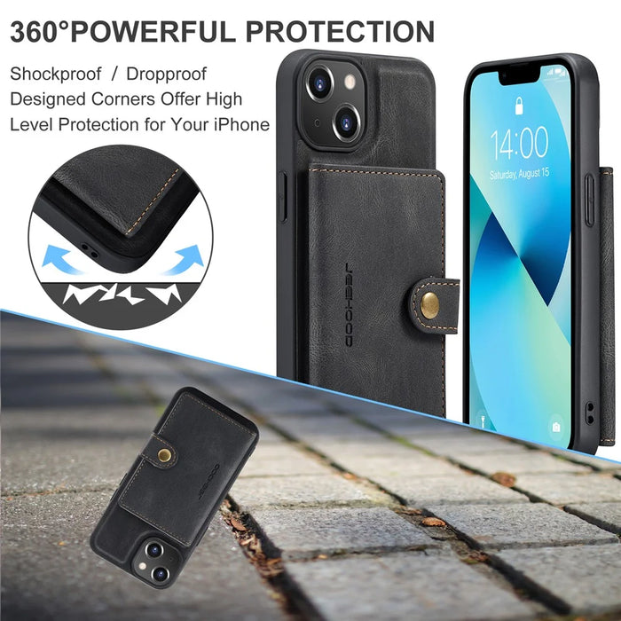 JEEHOOD J01 For iPhone 14 Case Leather+TPU Phone Cover Magnetic 2-in-1 Detachable - Black - 6