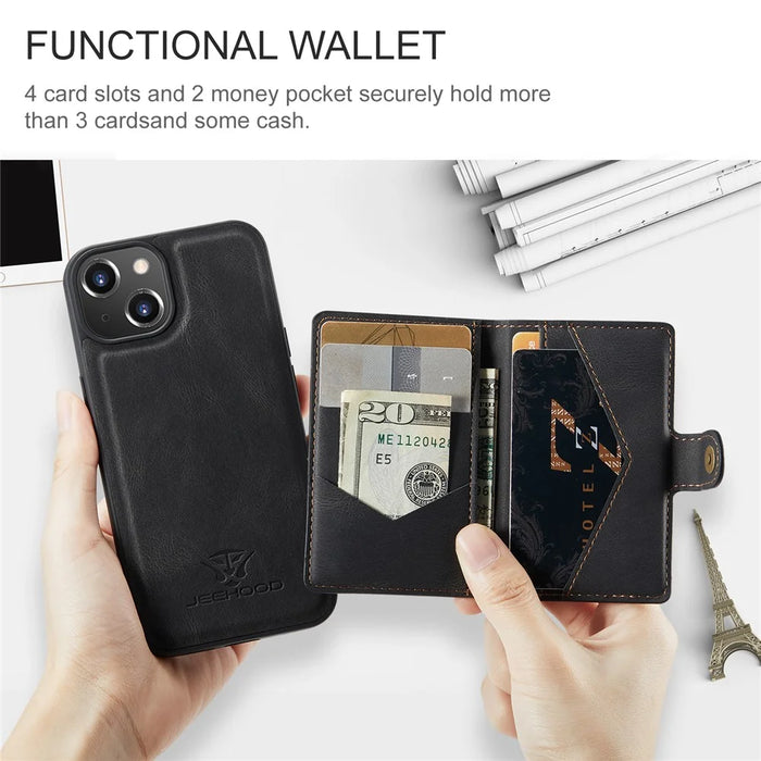 JEEHOOD J01 For iPhone 14 Case Leather+TPU Phone Cover Magnetic 2-in-1 Detachable - Black - 7