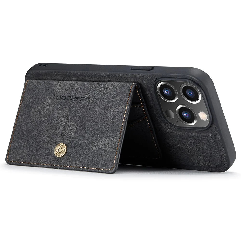 JEEHOOD J01 For iPhone 13 Pro Max Case Leather+TPU Detachable Magnetic Phone Cover Card Bag - Black - 3