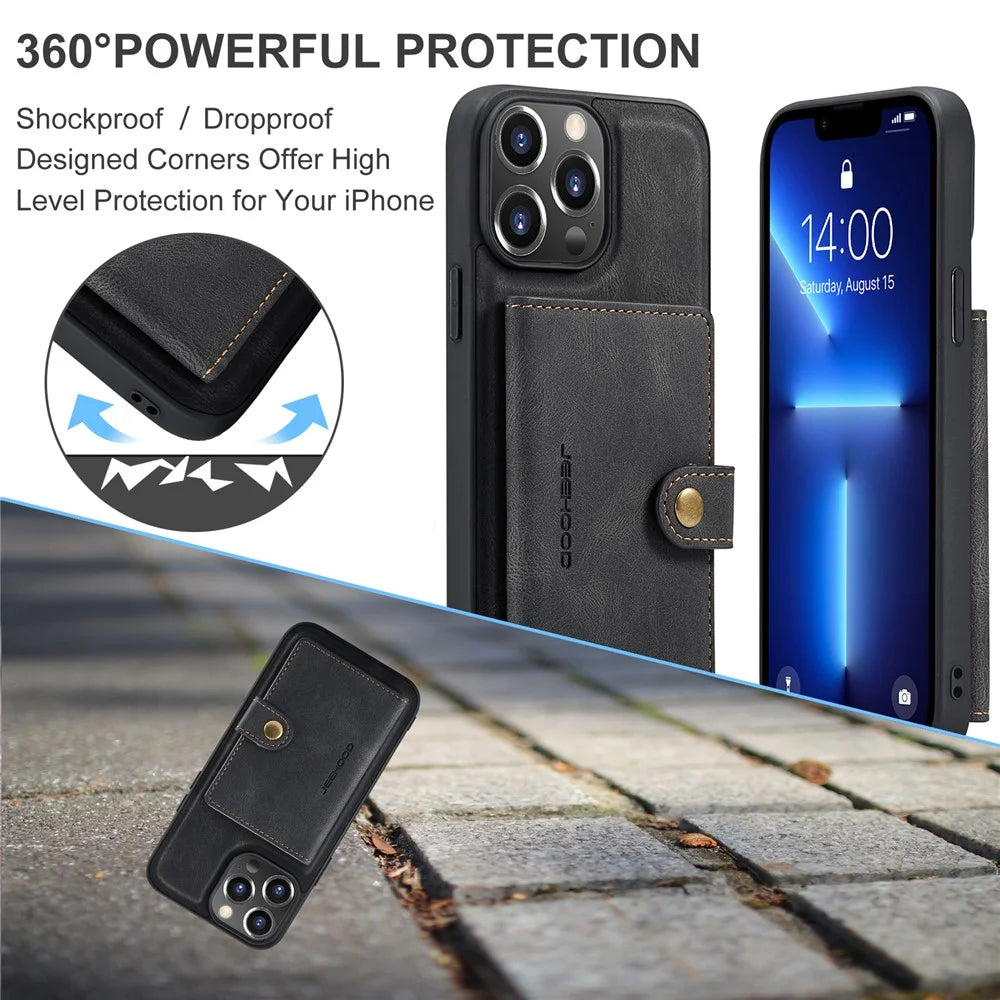 JEEHOOD J01 For iPhone 13 Pro Max Case Leather+TPU Detachable Magnetic Phone Cover Card Bag - Black - 6