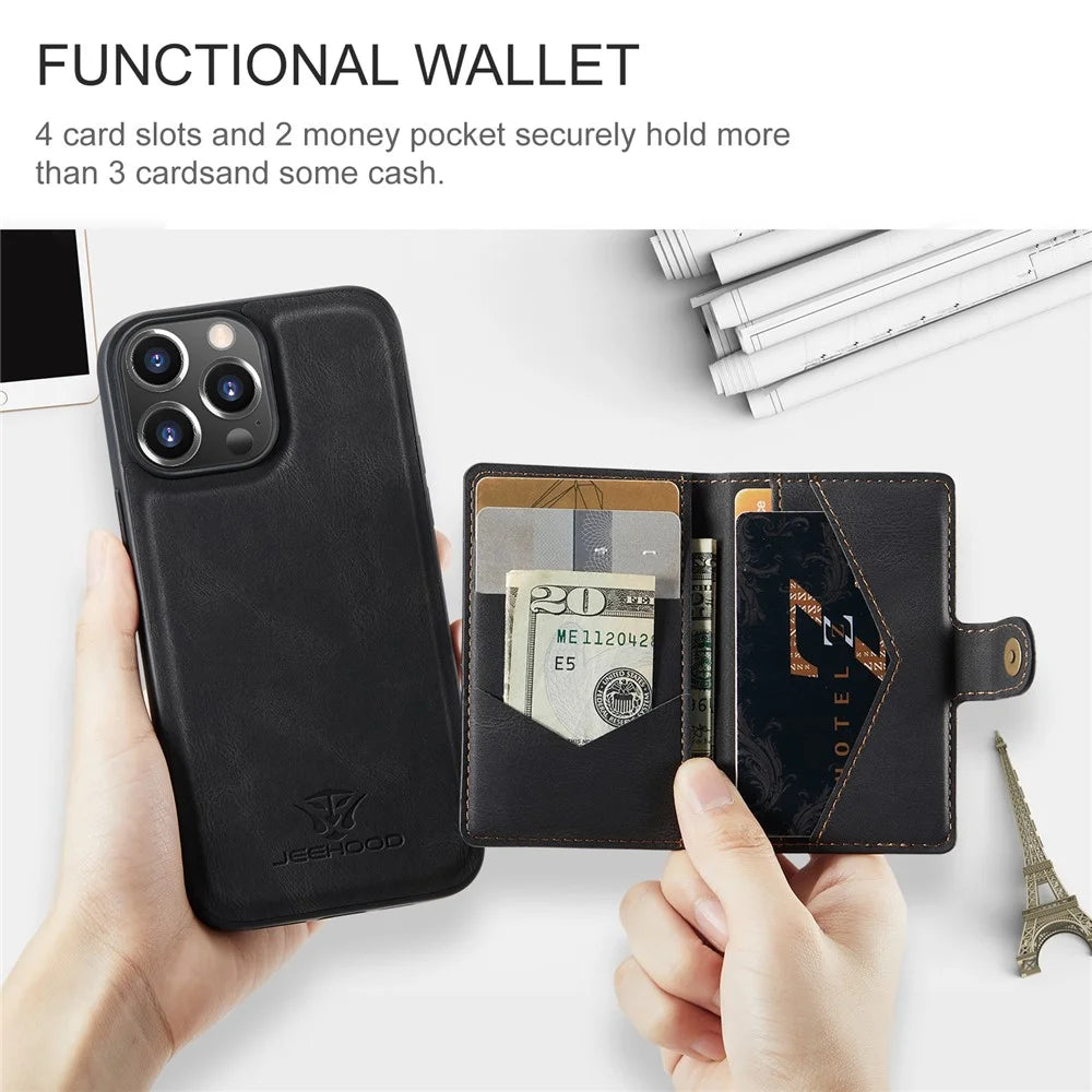 JEEHOOD J01 For iPhone 13 Pro Max Case Leather+TPU Detachable Magnetic Phone Cover Card Bag - Black - 7