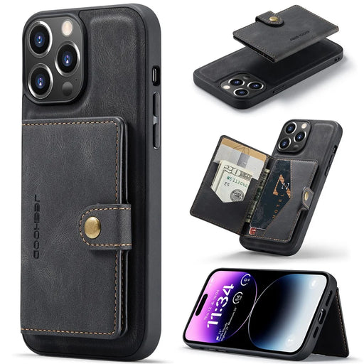 JEEHOOD J01 For iPhone 14 Pro Case Leather+TPU Phone Cover Magnetic Detachable with Card Holder Pocket - Black - 1