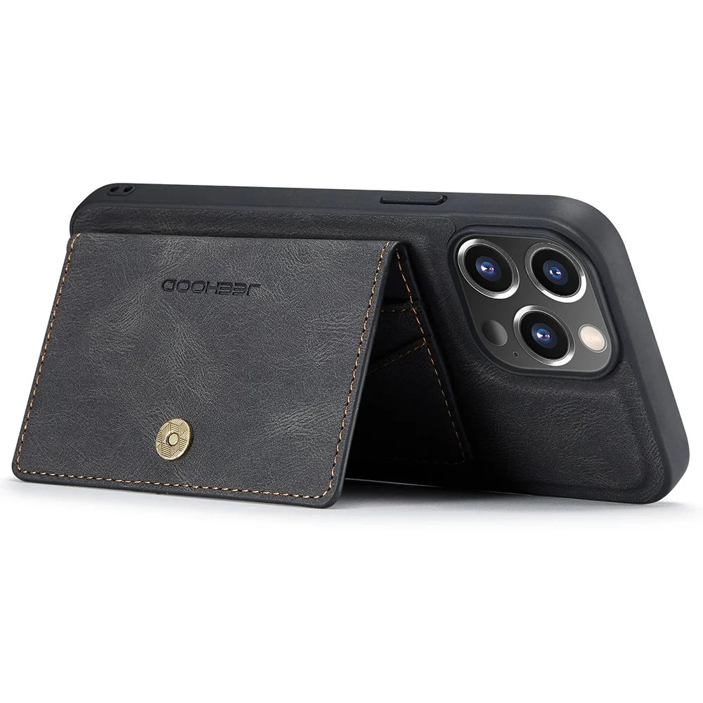 JEEHOOD J01 For iPhone 14 Pro Case Leather+TPU Phone Cover Magnetic Detachable with Card Holder Pocket - Black - 3