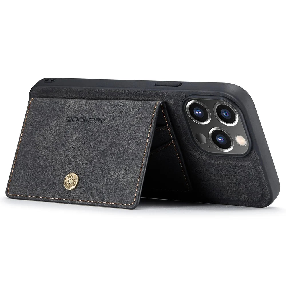 JEEHOOD J01 For iPhone 14 Pro Max Case 2 in 1 Leather+TPU Phone Cover Removable Card Holder - Black - 3