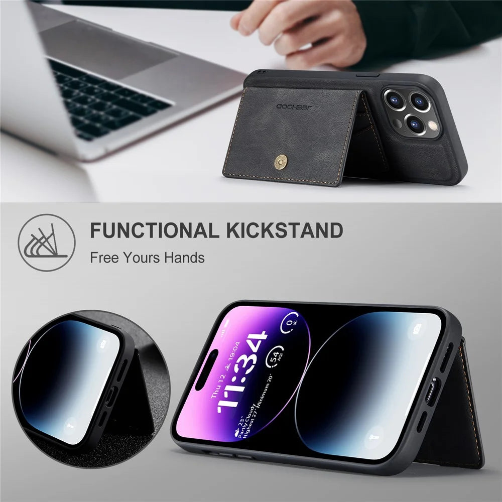 JEEHOOD J01 For iPhone 14 Pro Max Case 2 in 1 Leather+TPU Phone Cover Removable Card Holder - Black - 5