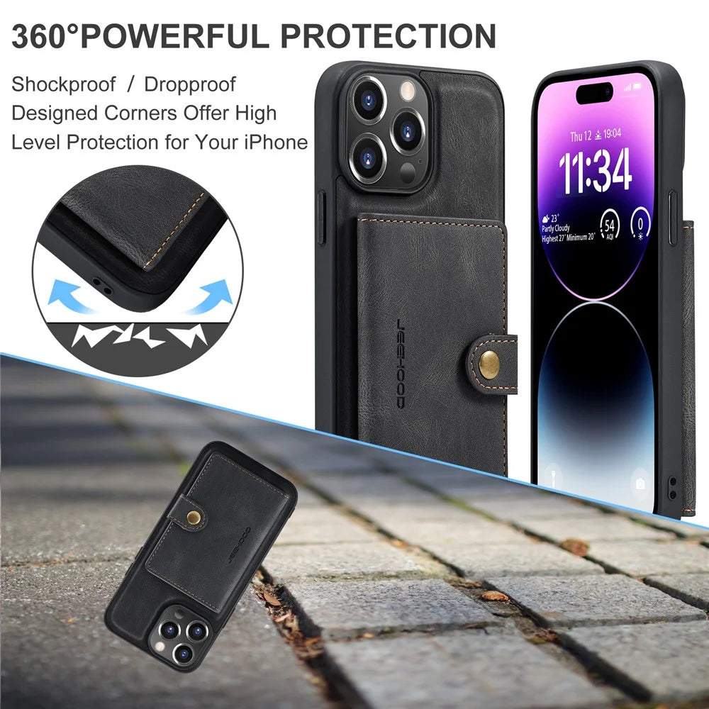 JEEHOOD J01 For iPhone 14 Pro Max Case 2 in 1 Leather+TPU Phone Cover Removable Card Holder - Black - 6
