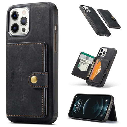 JEEHOOD J01 For iPhone 12 Pro Max Case Magnetic Detachable Leather Back Phone Cover Card Holder Kickstand - Black - 1