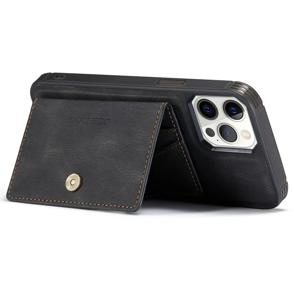 JEEHOOD J01 For iPhone 12 Pro Max Case Magnetic Detachable Leather Back Phone Cover Card Holder Kickstand - Black - 3