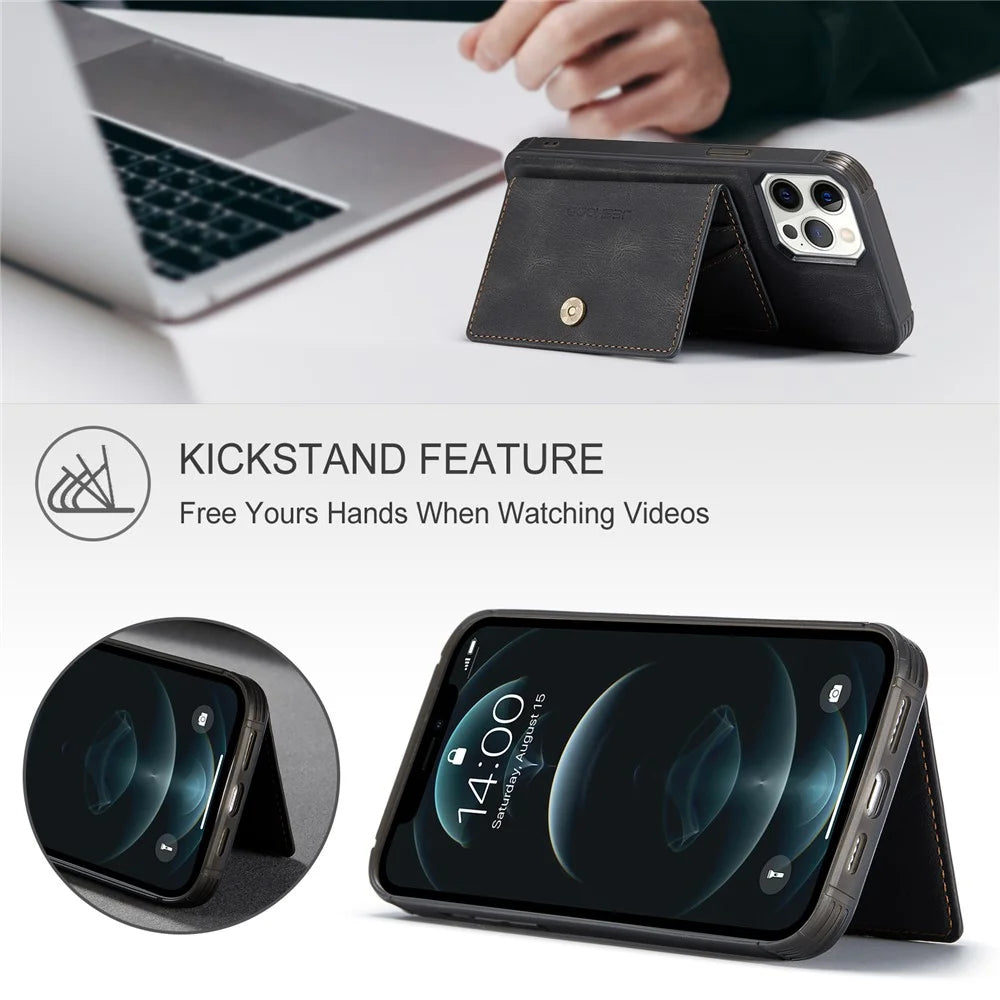 JEEHOOD J01 For iPhone 12 Pro Max Case Magnetic Detachable Leather Back Phone Cover Card Holder Kickstand - Black - 5