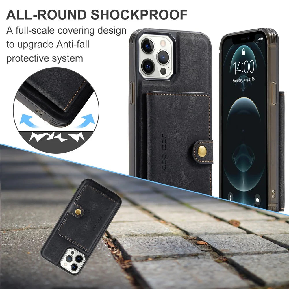 JEEHOOD J01 For iPhone 12 Pro Max Case Magnetic Detachable Leather Back Phone Cover Card Holder Kickstand - Black - 6