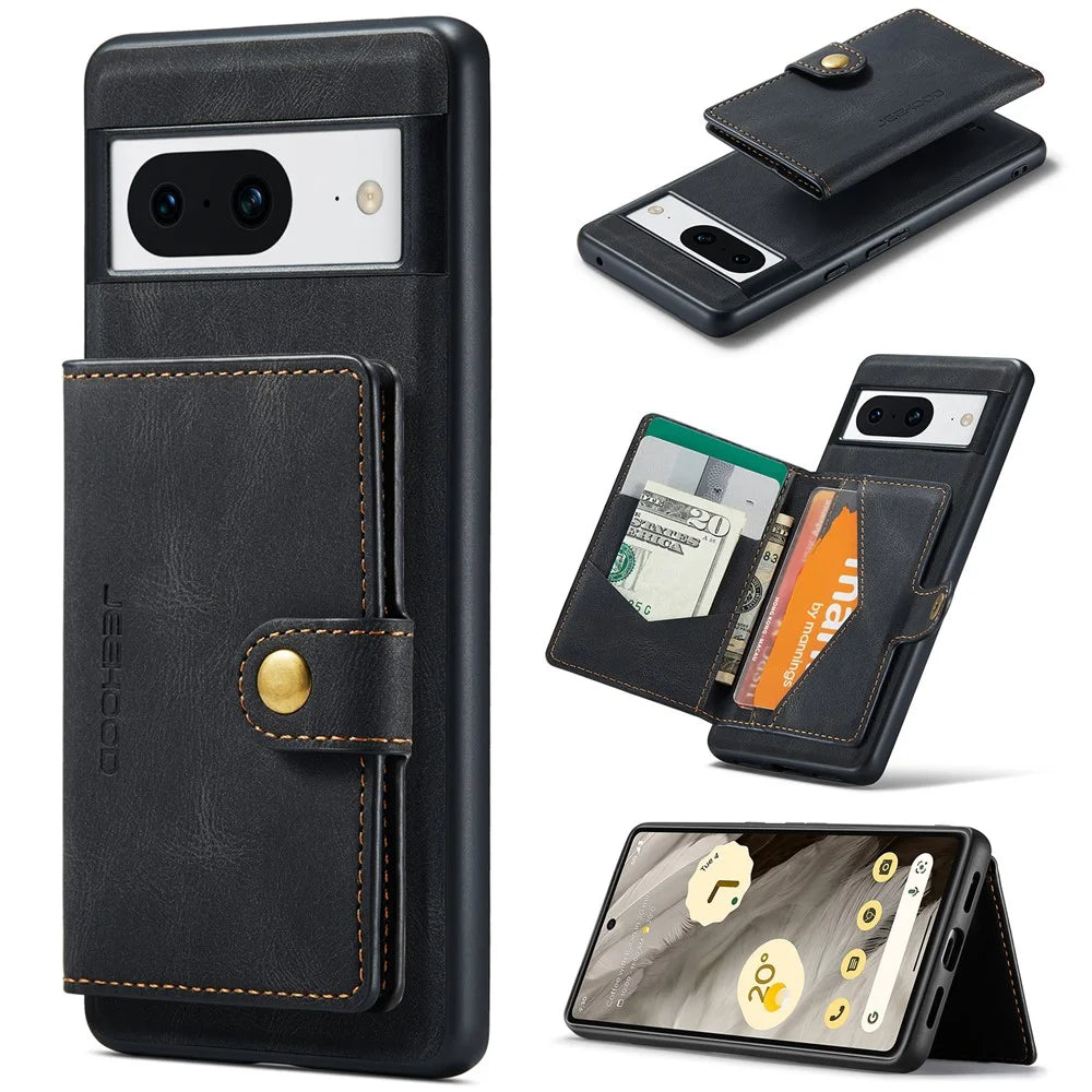 JEEHOOD J01 For Google Pixel 8 Case Vintage Leather Back Phone Cover 2-in-1 Detachable - Black - 1