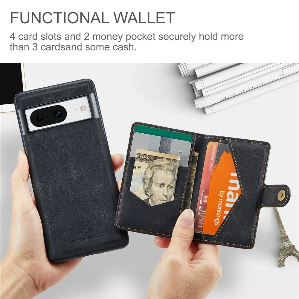JEEHOOD J01 For Google Pixel 8 Case Vintage Leather Back Phone Cover 2-in-1 Detachable - Black - 7
