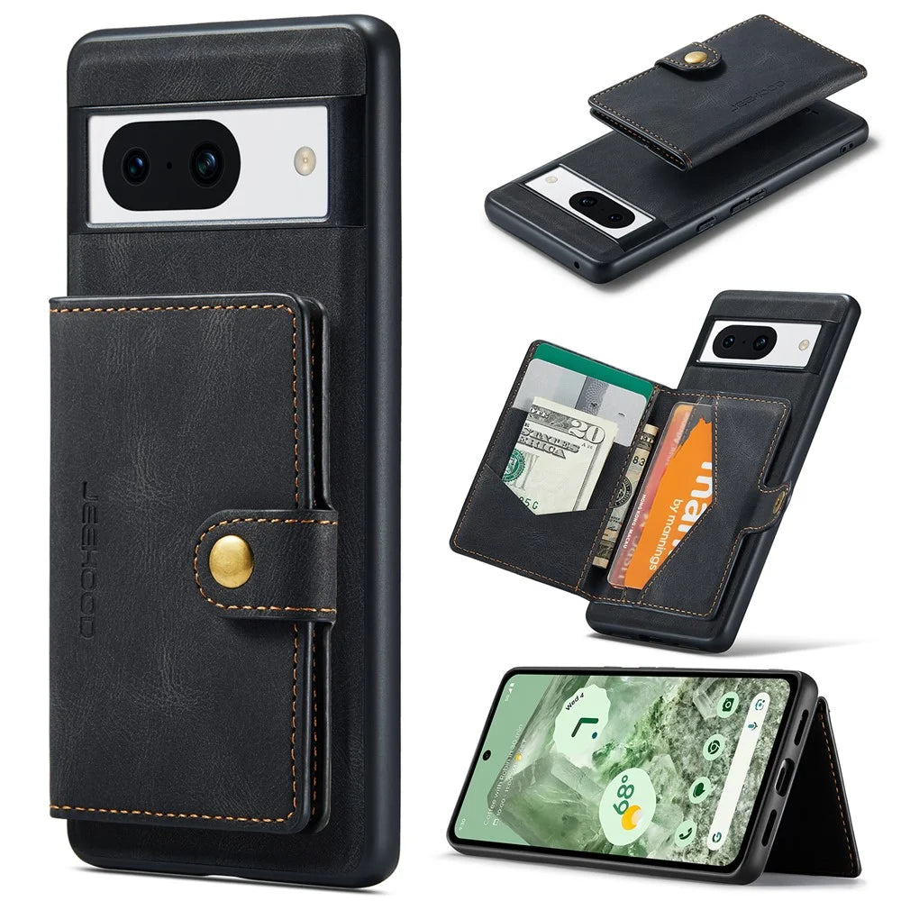 JEEHOOD J01 For Google Pixel 8a Case Leather + TPU Retro Phone Cover Detachable Magnetic Back Card Pocket - Black - 1