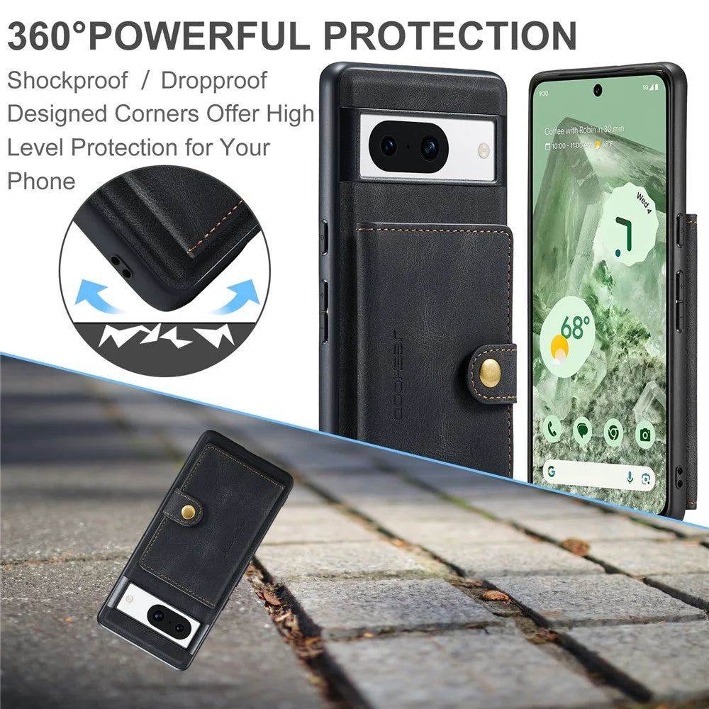 JEEHOOD J01 For Google Pixel 8a Case Leather + TPU Retro Phone Cover Detachable Magnetic Back Card Pocket - Black - 6