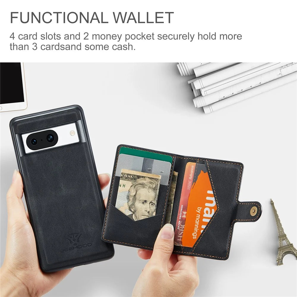 JEEHOOD J01 For Google Pixel 8a Case Leather + TPU Retro Phone Cover Detachable Magnetic Back Card Pocket - Black - 7
