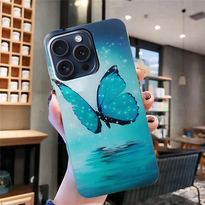 For iPhone 16 Pro Case Pattern Printing TPU Protective Phone Cover - Blue Butterfly - 4
