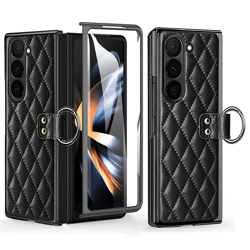 For Samsung Galaxy Z Fold6 5G Case Rhombus Grid Phone Cover with Tempered Glass Film - Black - 1