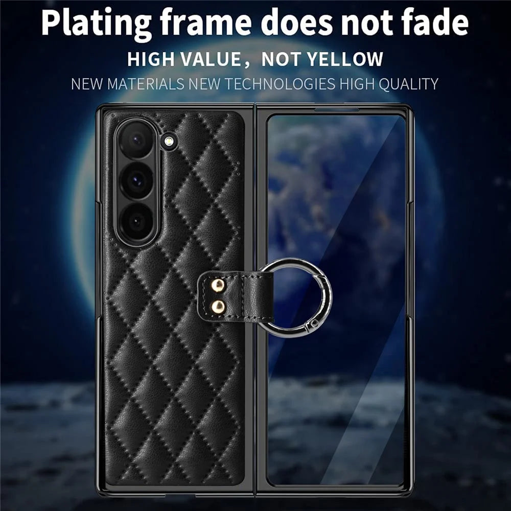 For Samsung Galaxy Z Fold6 5G Case Rhombus Grid Phone Cover with Tempered Glass Film - Black - 2