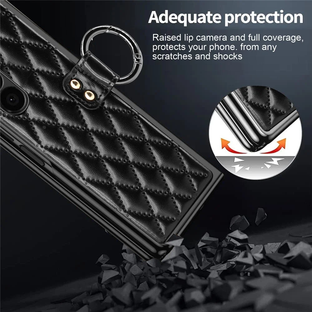 For Samsung Galaxy Z Fold6 5G Case Rhombus Grid Phone Cover with Tempered Glass Film - Black - 3