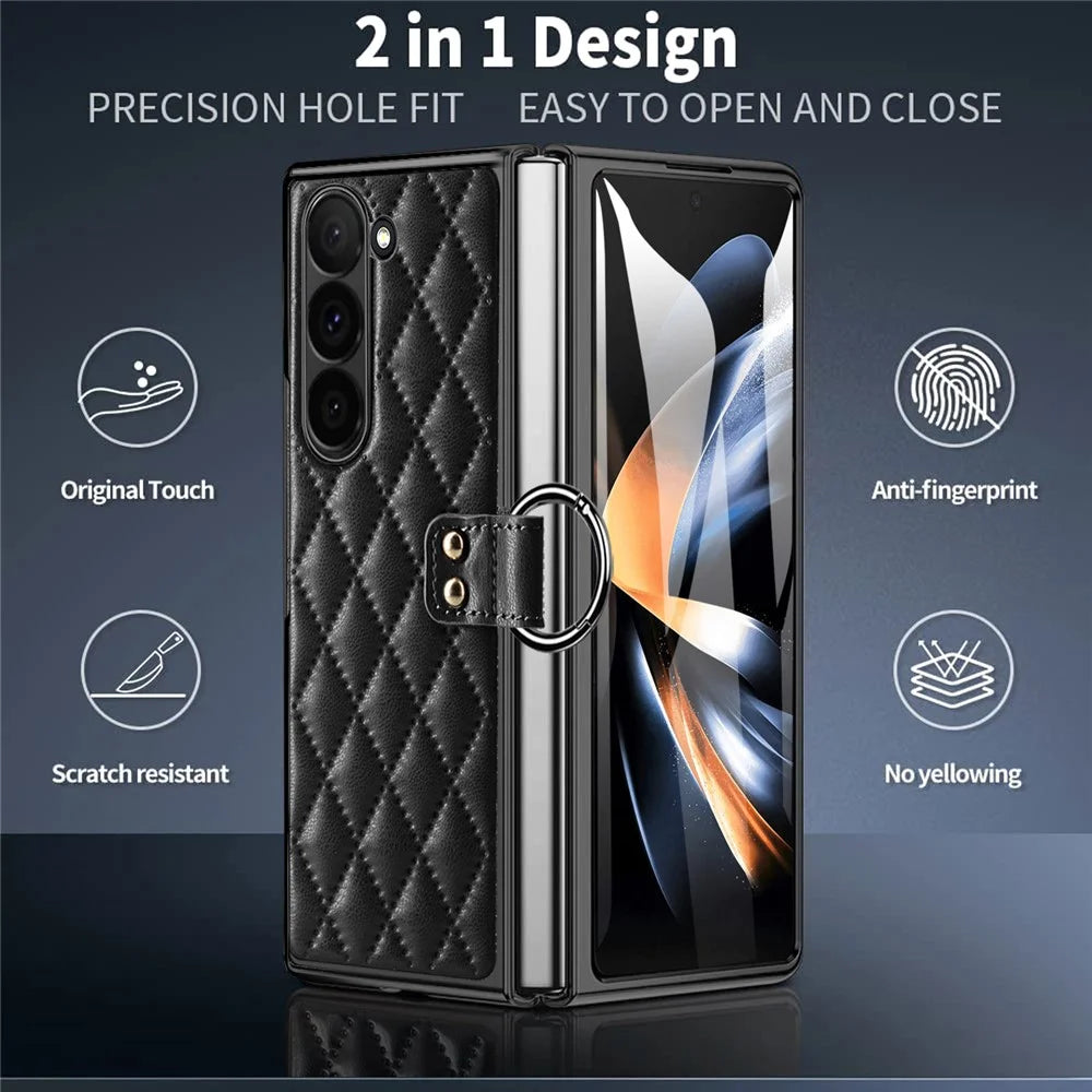 For Samsung Galaxy Z Fold6 5G Case Rhombus Grid Phone Cover with Tempered Glass Film - Black - 5