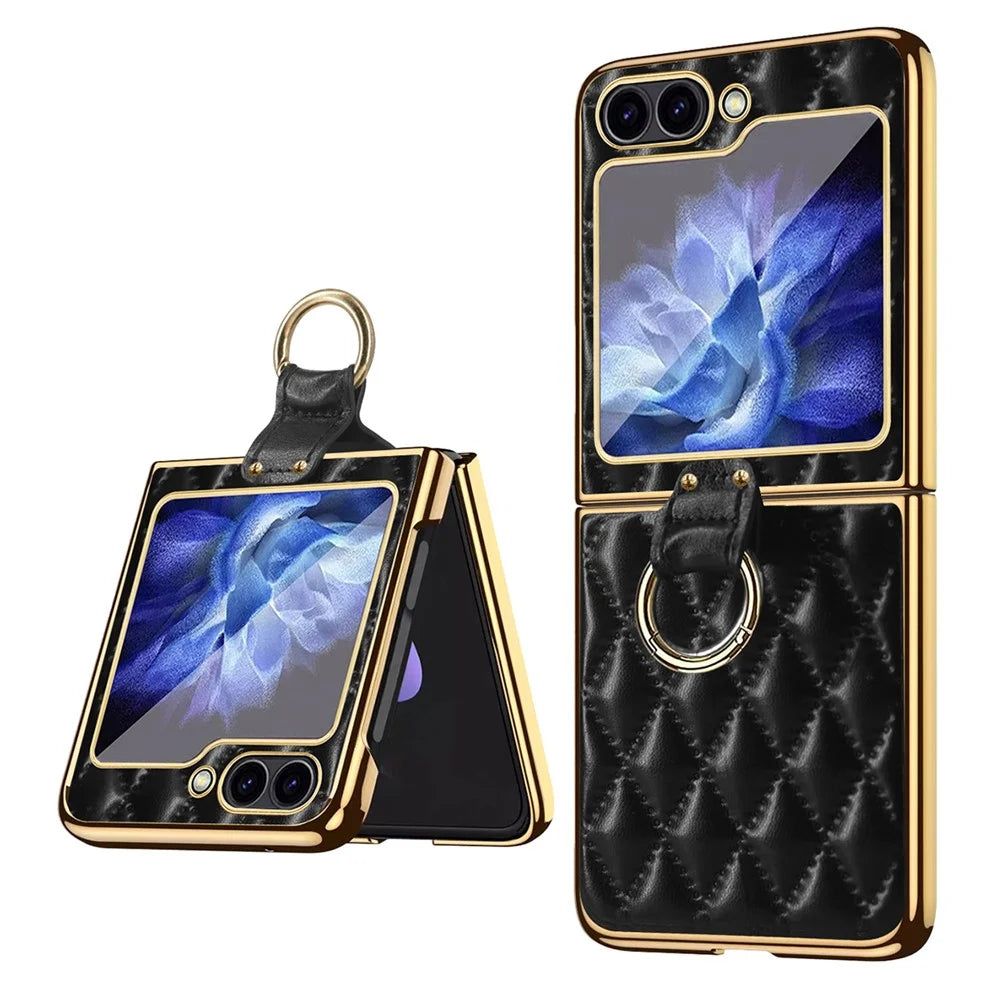 For Samsung Galaxy Z Flip7 FE 5G / Z Flip6 5G Case Rhombus Grid Phone Cover with Tempered Glass Film - Black - 1