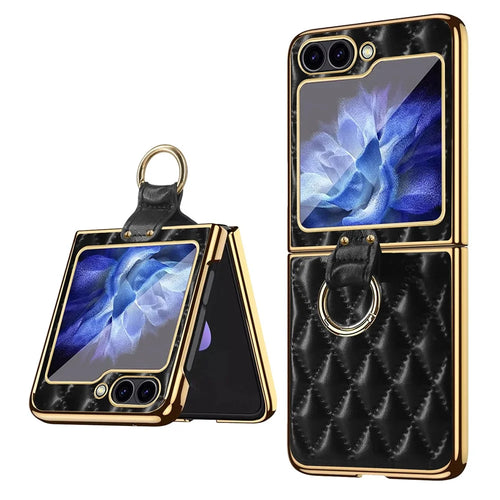 For Samsung Galaxy Z Flip7 FE 5G / Z Flip6 5G Case Rhombus Grid Phone Cover with Tempered Glass Film - Black - 1