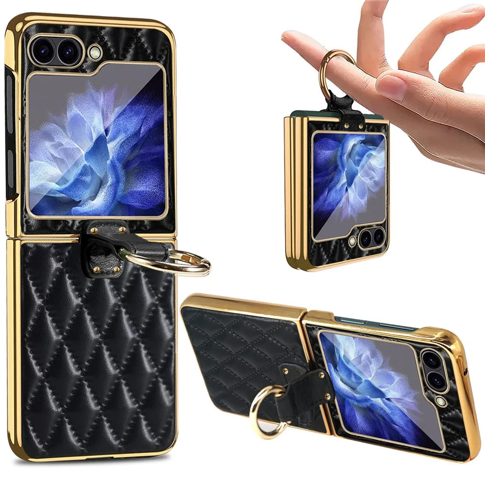 For Samsung Galaxy Z Flip7 FE 5G / Z Flip6 5G Case Rhombus Grid Phone Cover with Tempered Glass Film - Black - 2