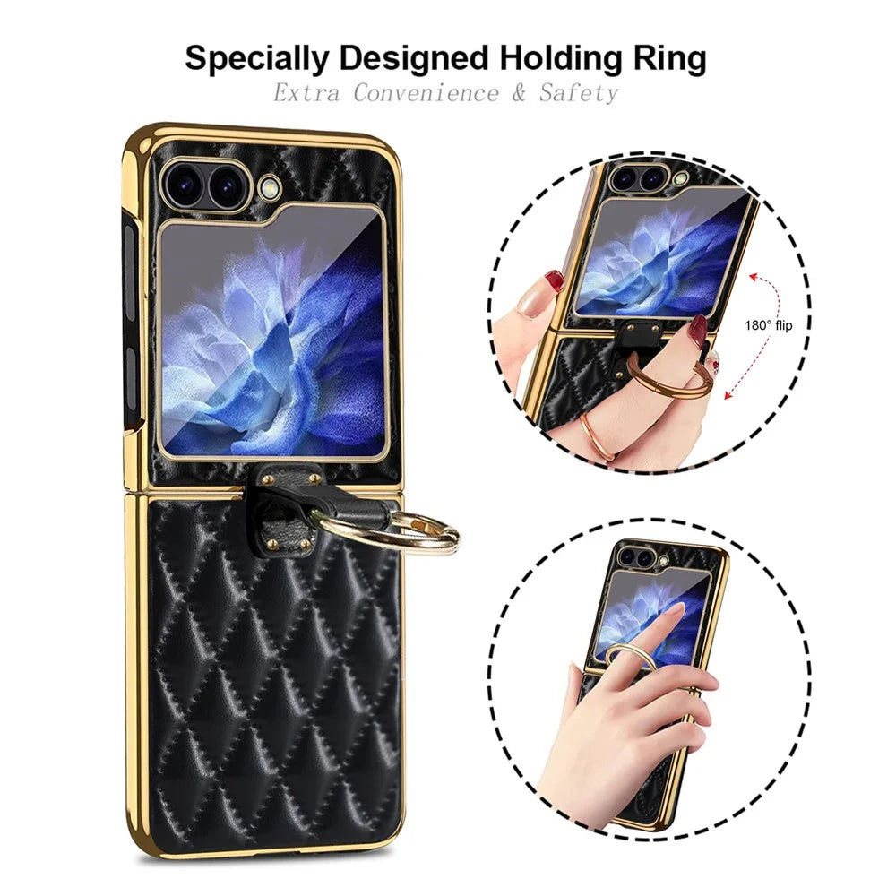 For Samsung Galaxy Z Flip7 FE 5G / Z Flip6 5G Case Rhombus Grid Phone Cover with Tempered Glass Film - Black - 3