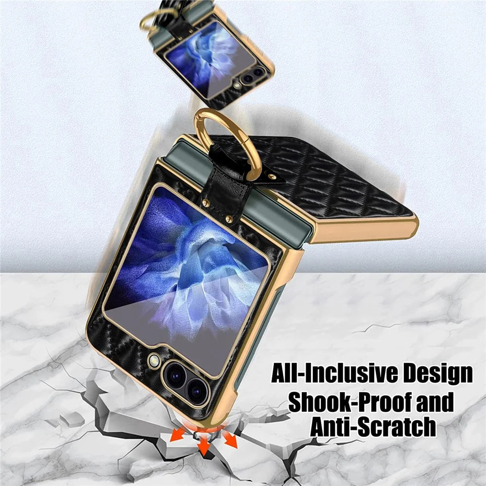 For Samsung Galaxy Z Flip7 FE 5G / Z Flip6 5G Case Rhombus Grid Phone Cover with Tempered Glass Film - Black - 6