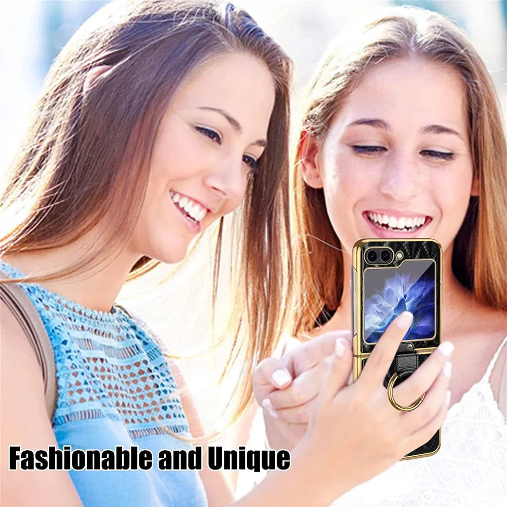For Samsung Galaxy Z Flip7 FE 5G / Z Flip6 5G Case Rhombus Grid Phone Cover with Tempered Glass Film - Black - 7