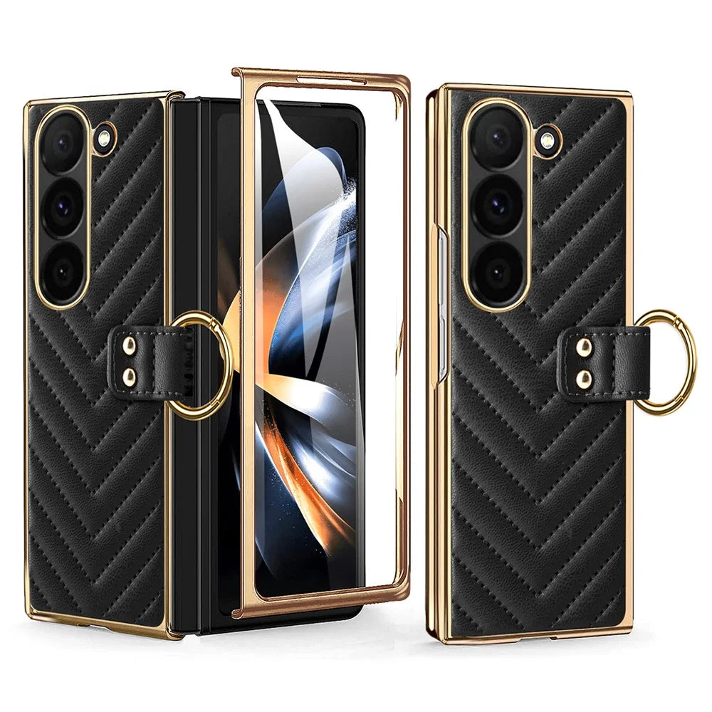 For Samsung Galaxy Z Fold6 5G Case V-Shape Pattern Kickstand PC Phone Cover - Black - 1